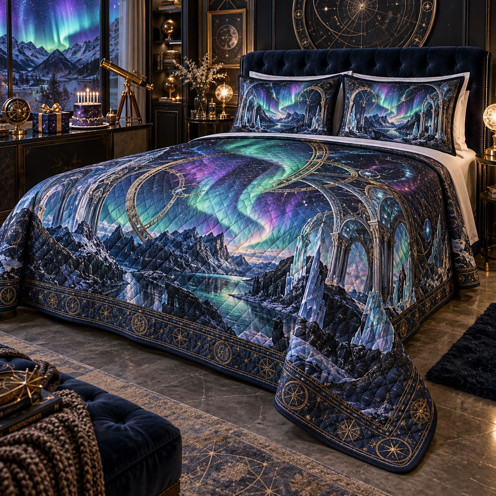 Northern Lights Collector Birthday Quilted Bedding Set with flat printed optical 3D aurora observatory and antique celestial rings in emerald cyan violet navy and gold