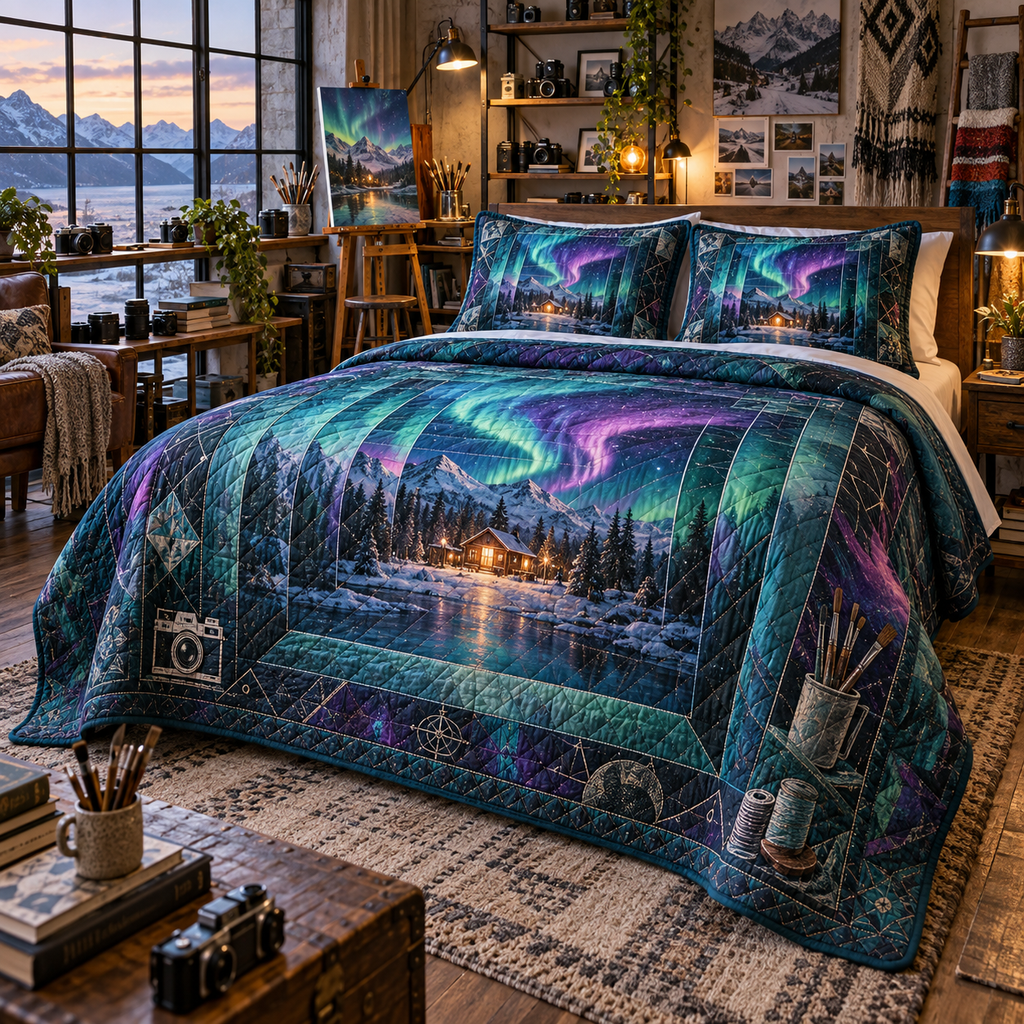 Northern Lights Hobby Studio Quilted Bedding Set with flat printed optical 3D aurora creative studio portals in emerald cyan violet navy and maker tool motifs