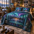 Northern Lights Hobby Studio Quilted Bedding Set with flat printed optical 3D aurora creative studio portals in emerald cyan violet navy and maker tool motifs