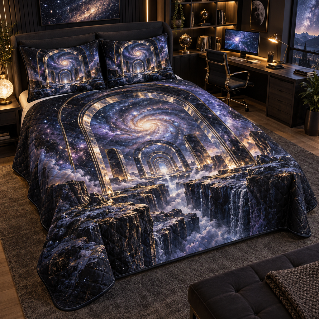 Milky Way Arch Home Office Quilted Bedding Set with flat printed optical 3D Milky Way mirrored arches and cosmic canyon in obsidian navy indigo amethyst silver and warm gold