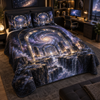Milky Way Arch Home Office Quilted Bedding Set with flat printed optical 3D Milky Way mirrored arches and cosmic canyon in obsidian navy indigo amethyst silver and warm gold