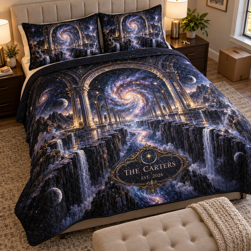 Milky Way Arch Personalized Housewarming Bedding Set personalized with sample family name, flat printed optical 3D Milky Way mirrored arches and cosmic canyon