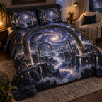Milky Way Arch Quiet Corner Quilted Bedding Set with flat printed optical 3D Milky Way mirrored arches and cosmic canyon in obsidian navy indigo amethyst silver and warm gold