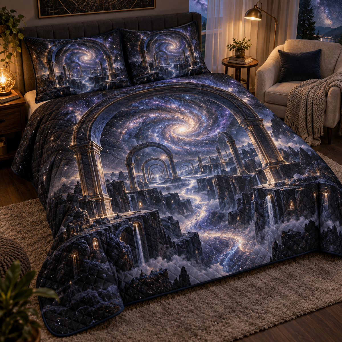 Milky Way Arch Quiet Corner Quilted Bedding Set with flat printed optical 3D Milky Way mirrored arches and cosmic canyon in obsidian navy indigo amethyst silver and warm gold