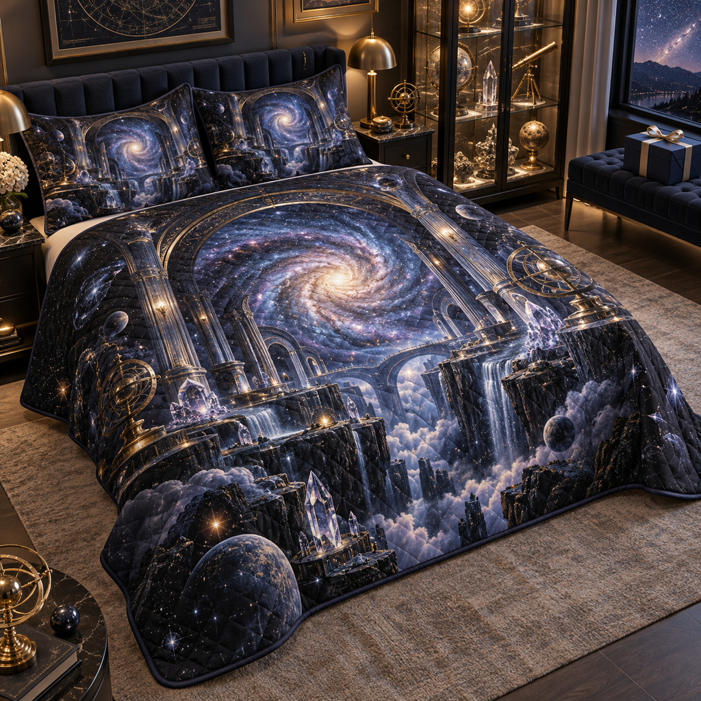 Milky Way Arch Collector Birthday Quilted Bedding Set with flat printed optical 3D Milky Way mirrored arches and cosmic canyon in obsidian navy indigo amethyst silver and warm gold