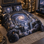 Milky Way Arch Collector Birthday Quilted Bedding Set with flat printed optical 3D Milky Way mirrored arches and cosmic canyon in obsidian navy indigo amethyst silver and warm gold