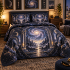 Milky Way Arch Apartment Gallery Quilted Bedding Set with flat printed optical 3D Milky Way mirrored arches and cosmic canyon in midnight navy indigo amethyst silver and gold
