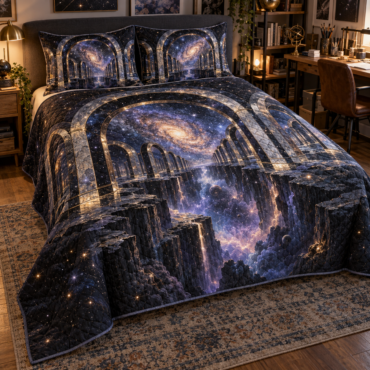 Milky Way Arch Hobby Studio Quilted Bedding Set with flat printed optical 3D Milky Way mirrored arches and cosmic canyon in midnight navy indigo amethyst silver and gold