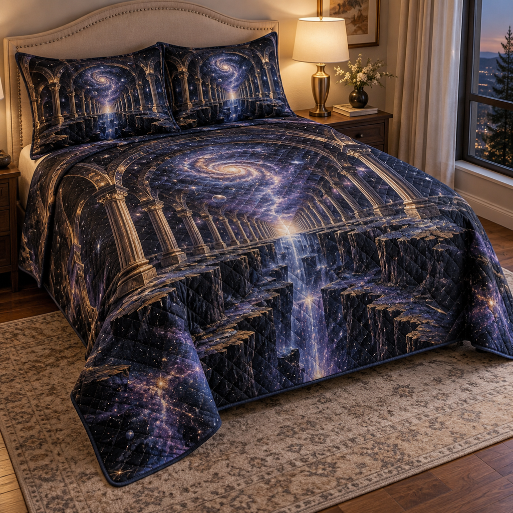 Milky Way Arch Host Thank You Quilted Bedding Set with flat printed optical 3D Milky Way mirrored arches and cosmic canyon in midnight navy indigo amethyst silver and gold
