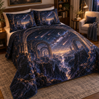 Meteor Shower Reading Nook Quilted Bedding Set with flat printed optical 3D meteor shower through celestial arches into a star canyon in midnight navy violet copper and gold