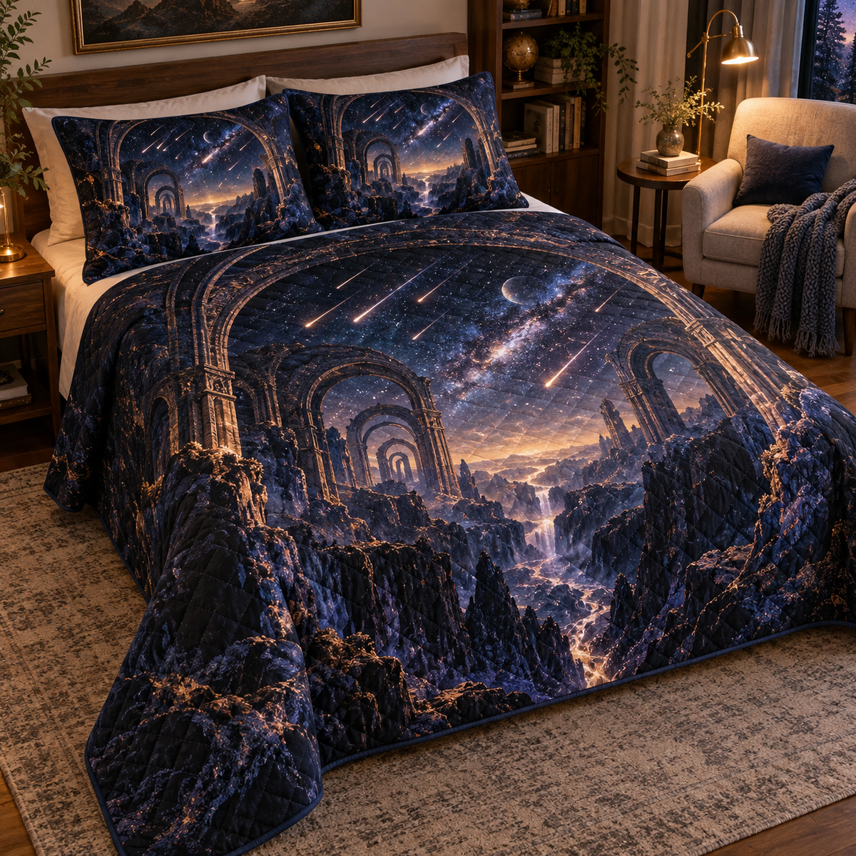 Meteor Shower Reading Nook Quilted Bedding Set with flat printed optical 3D meteor shower through celestial arches into a star canyon in midnight navy violet copper and gold