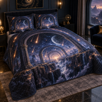 Meteor Shower Bedroom Statement Quilted Bedding Set with flat printed optical 3D meteor shower through celestial arches into a star canyon in midnight navy violet copper and gold
