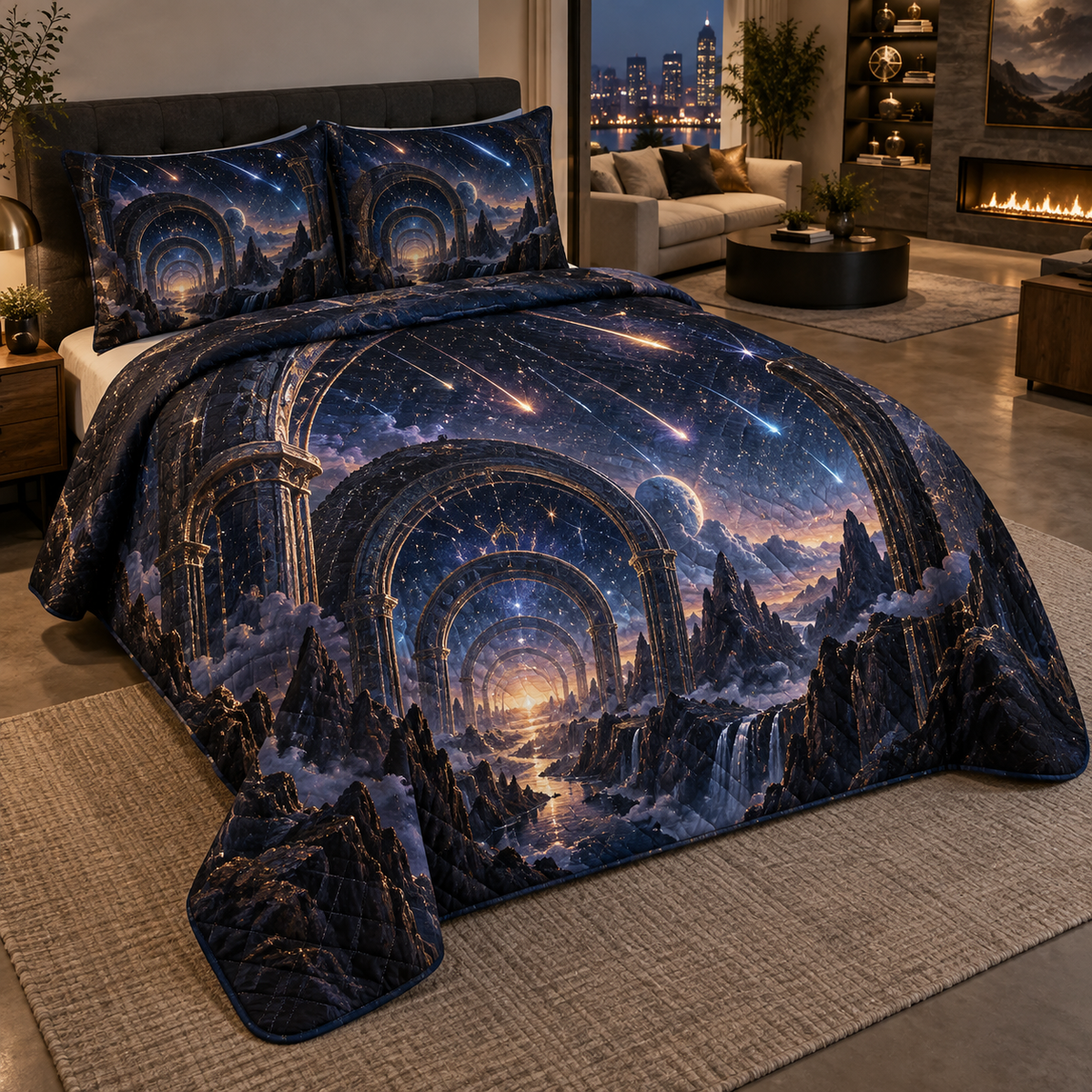 Meteor Shower Living Room Focal Quilted Bedding Set with flat printed optical 3D meteor shower through celestial arches into a star canyon in midnight navy violet copper and gold
