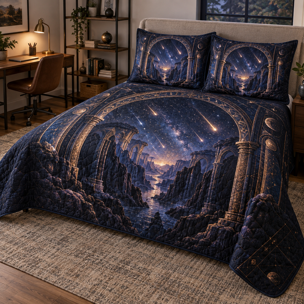 Meteor Shower Home Office Quilted Bedding Set with flat printed optical 3D meteor shower through celestial arches into a star canyon in midnight navy violet copper and gold