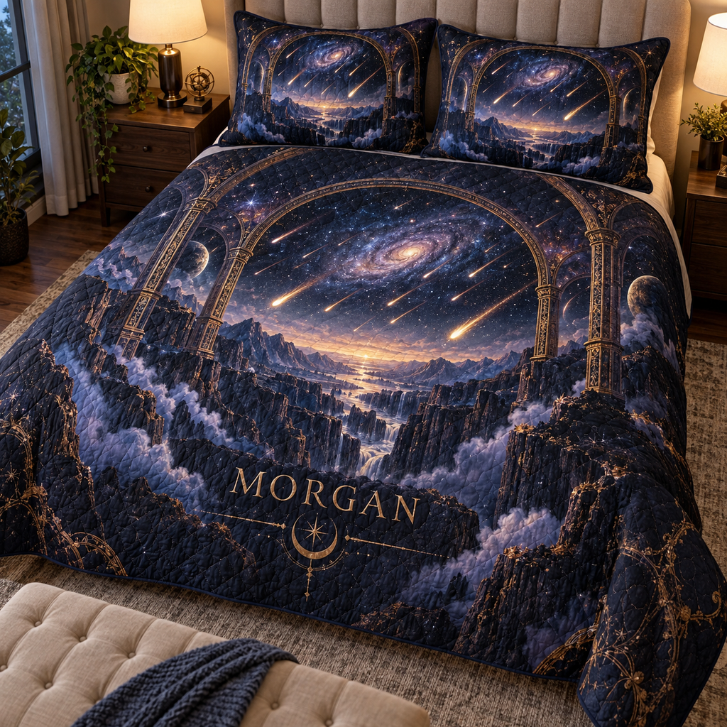 Meteor Shower Personalized Housewarming Bedding Set personalized with sample family name, flat printed optical 3D meteor shower through celestial arches and star canyon