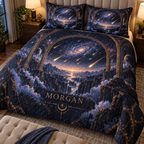 Meteor Shower Personalized Housewarming Bedding Set personalized with sample family name, flat printed optical 3D meteor shower through celestial arches and star canyon
