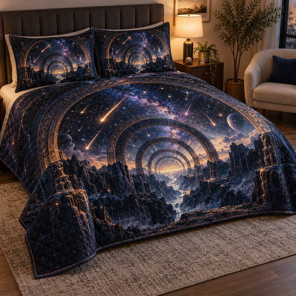 Meteor Shower Quiet Corner Quilted Bedding Set with flat printed optical 3D meteor shower through celestial arches into a star canyon in midnight navy violet copper and gold