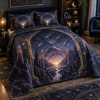 Meteor Shower Collector Birthday Quilted Bedding Set with flat printed optical 3D meteor shower through celestial arches into a star canyon in midnight navy violet copper and gold