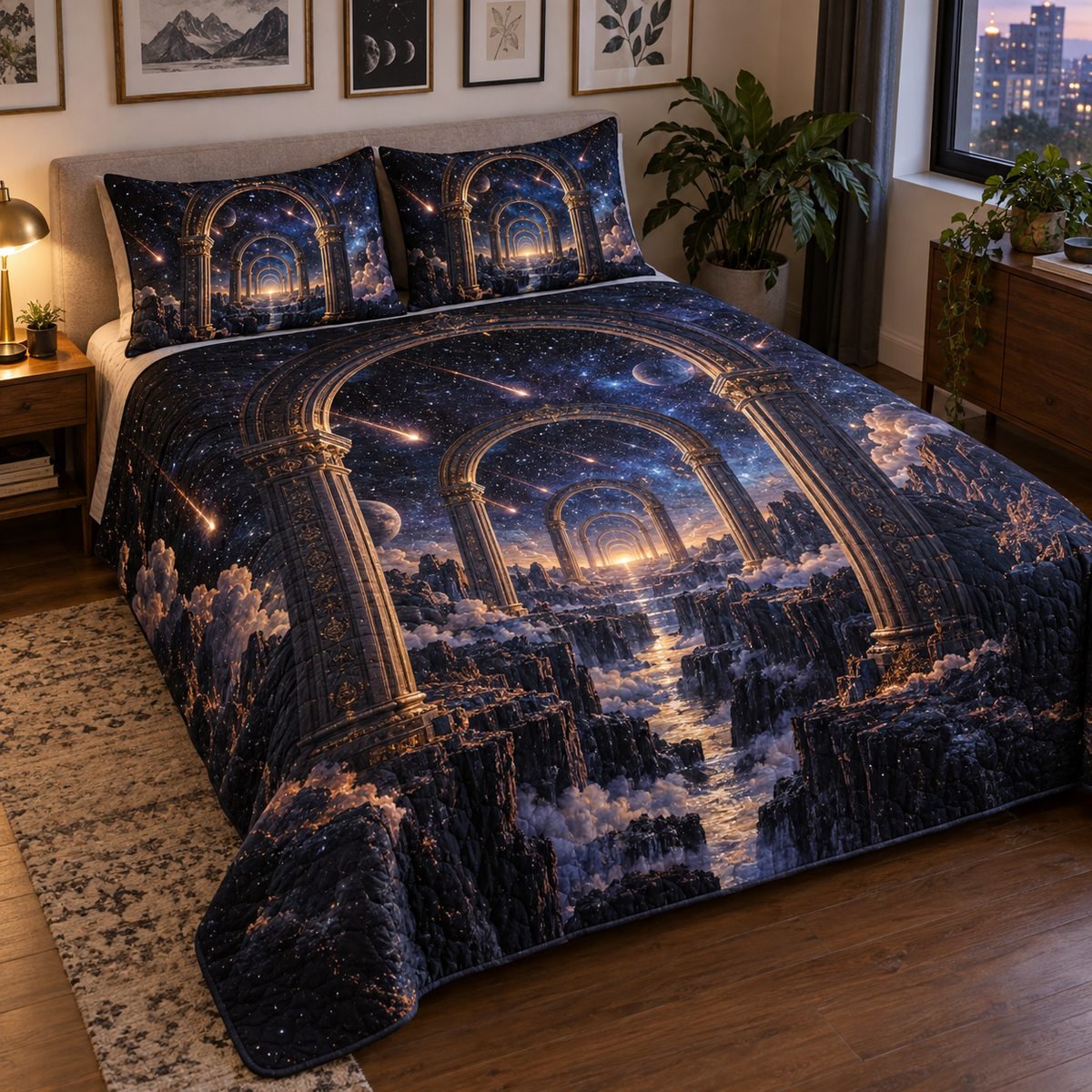Meteor Shower Apartment Gallery Quilted Bedding Set with flat printed optical 3D meteor shower through celestial arches into a star canyon in midnight navy violet copper and gold