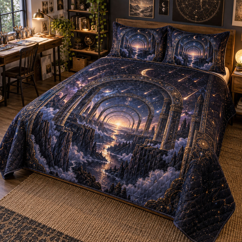Meteor Shower Hobby Studio Quilted Bedding Set with flat printed optical 3D meteor shower through celestial arches into a star canyon in midnight navy violet copper and gold