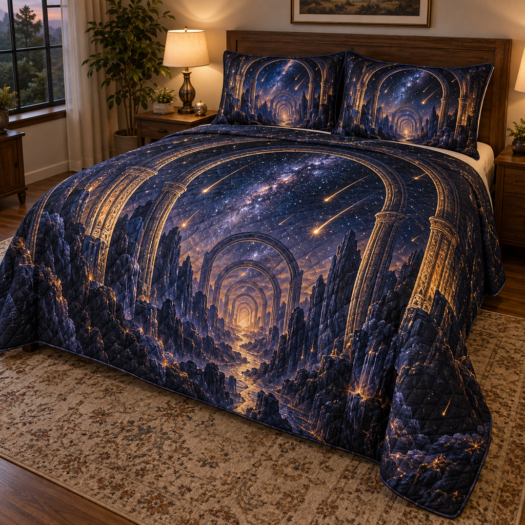 Meteor Shower Host Thank You Quilted Bedding Set with flat printed optical 3D meteor shower through celestial arches into a star canyon in midnight navy violet copper and gold