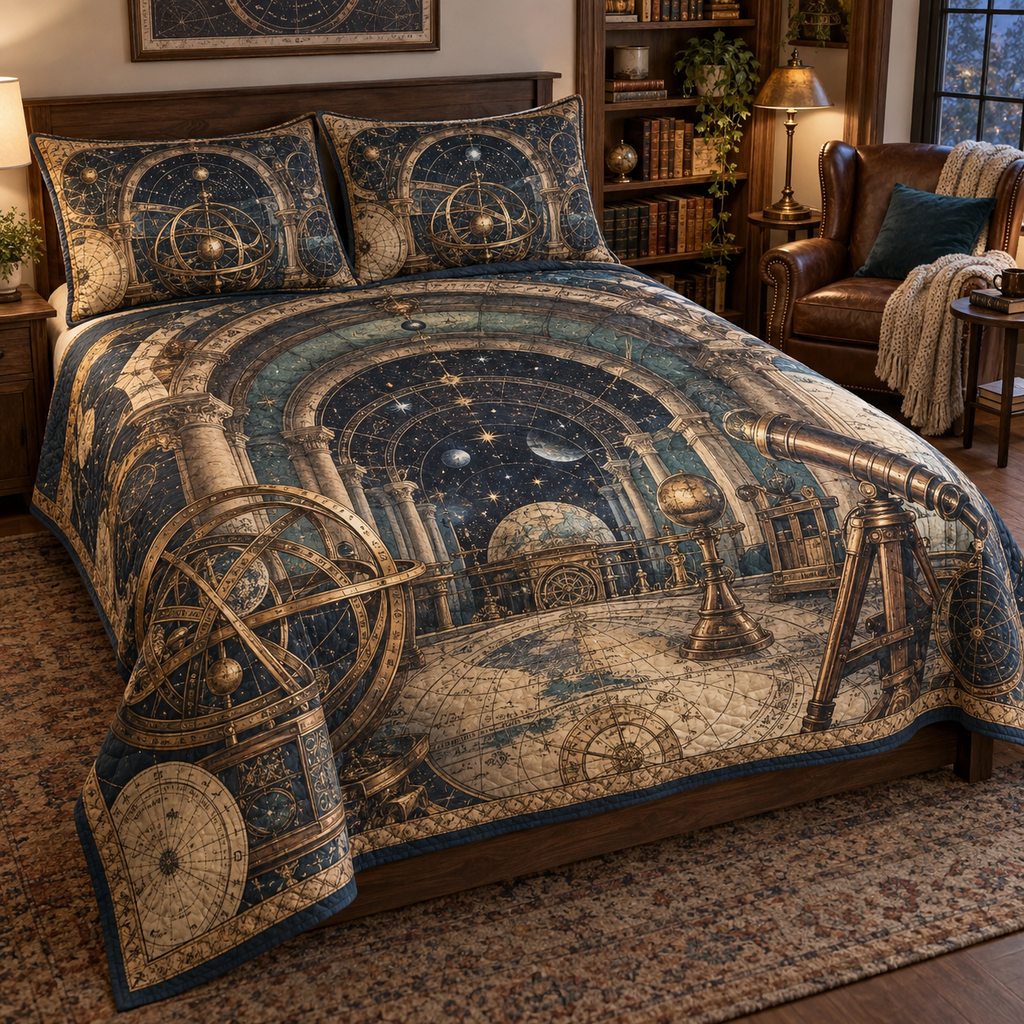 Astronomical Instruments Reading Nook Quilted Bedding Set with flat printed optical 3D armillary spheres astrolabes and telescope optics through observatory arches in aged brass navy parchment and teal