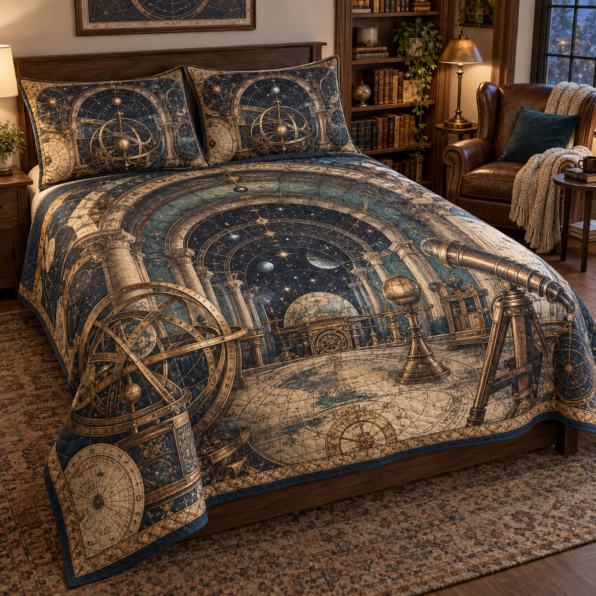 Astronomical Instruments Reading Nook Quilted Bedding Set with flat printed optical 3D armillary spheres astrolabes and telescope optics through observatory arches in aged brass navy parchment and teal