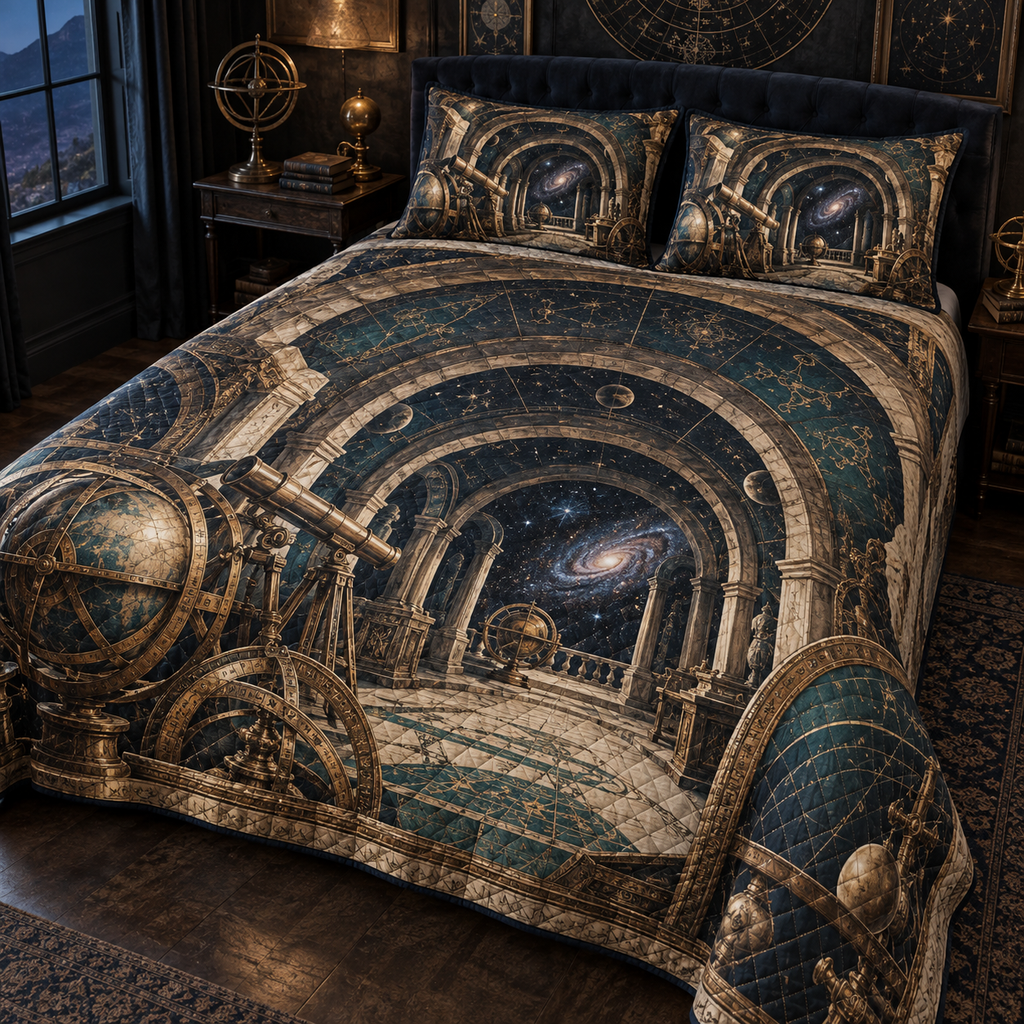 Astronomical Instruments Bedroom Quilted Bedding Set with flat printed optical 3D armillary spheres astrolabes and telescope optics through observatory arches in aged brass navy parchment and teal
