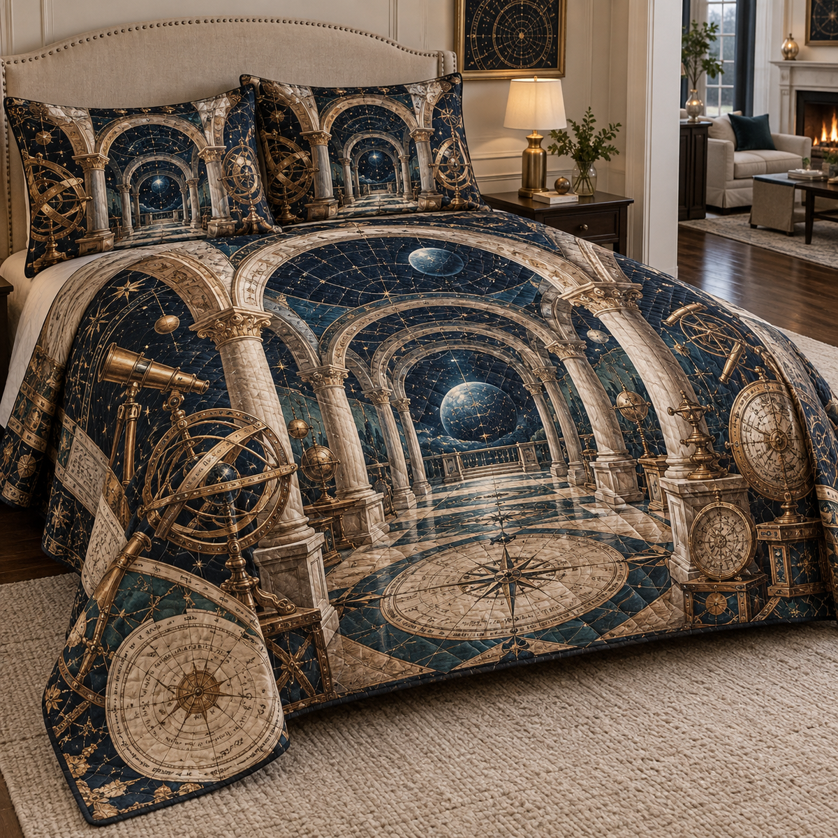 Astronomical Instruments Living Room Quilted Bedding Set with flat printed optical 3D armillary spheres astrolabes and telescope optics through observatory arches in aged brass navy parchment and teal
