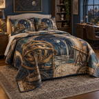 Astronomical Instruments Home Office Quilted Bedding Set with flat printed optical 3D armillary spheres astrolabes and telescope optics through observatory arches in aged brass navy parchment and teal
