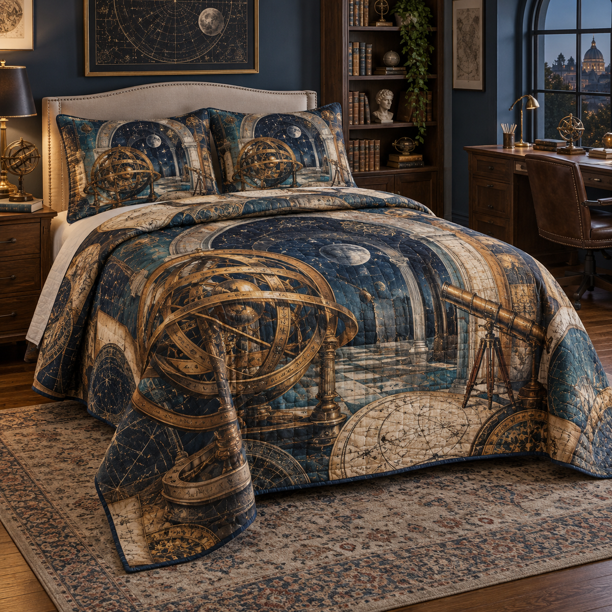 Astronomical Instruments Home Office Quilted Bedding Set with flat printed optical 3D armillary spheres astrolabes and telescope optics through observatory arches in aged brass navy parchment and teal