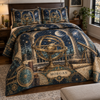 Astronomical Instruments Housewarming Bedding Set with sample family name printed in optical 3D armillary spheres astrolabes and observatory arches