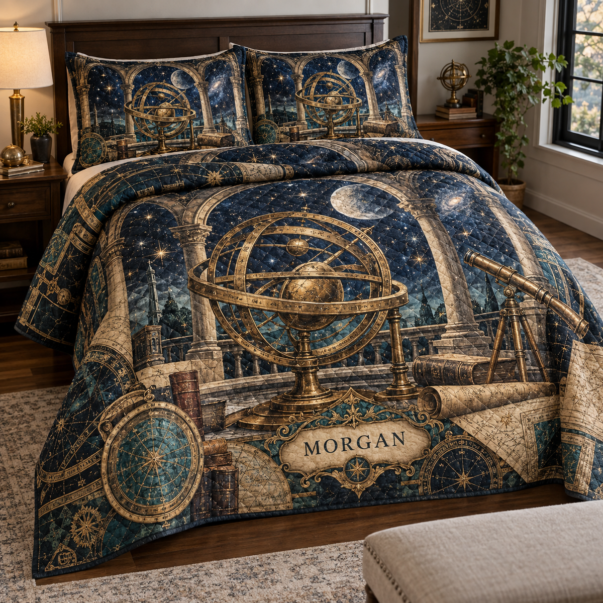 Astronomical Instruments Housewarming Bedding Set with sample family name printed in optical 3D armillary spheres astrolabes and observatory arches