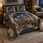 Astronomical Instruments Quiet Corner Bedding Set with flat printed optical 3D armillary spheres astrolabes and telescope optics through observatory arches in aged brass navy parchment and teal