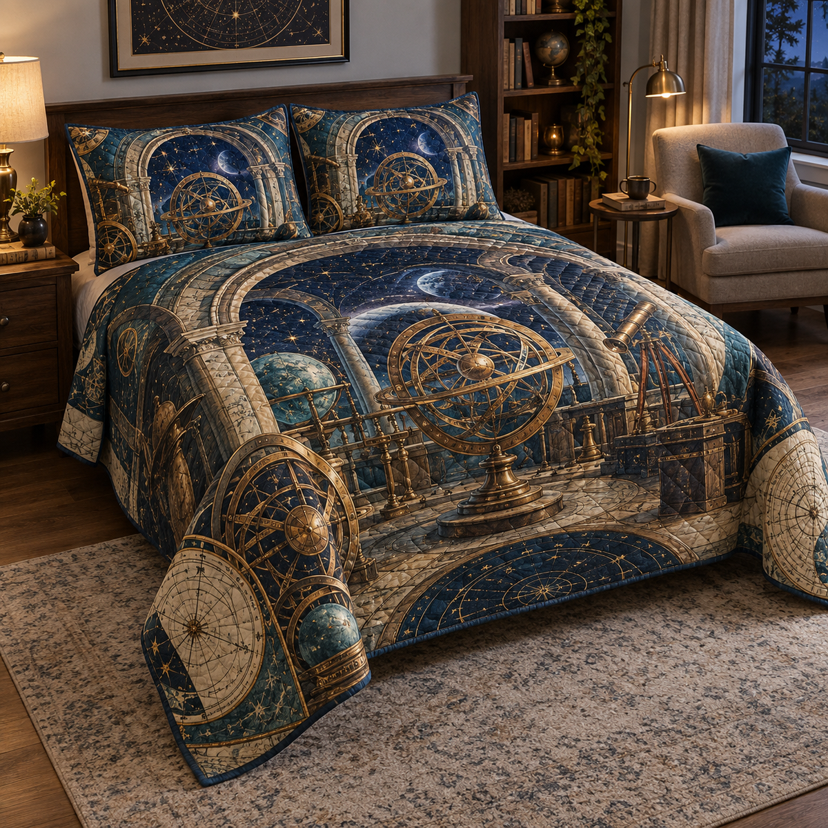 Astronomical Instruments Quiet Corner Bedding Set with flat printed optical 3D armillary spheres astrolabes and telescope optics through observatory arches in aged brass navy parchment and teal