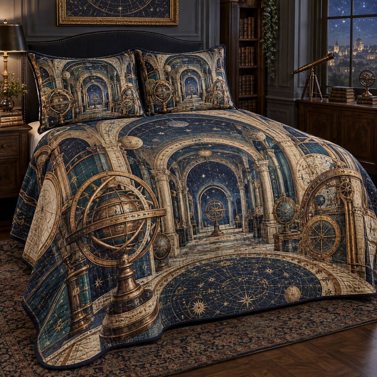Astronomical Instruments Collector Bedding Set with flat printed optical 3D armillary spheres astrolabes and telescope optics through observatory arches in aged brass navy parchment and teal