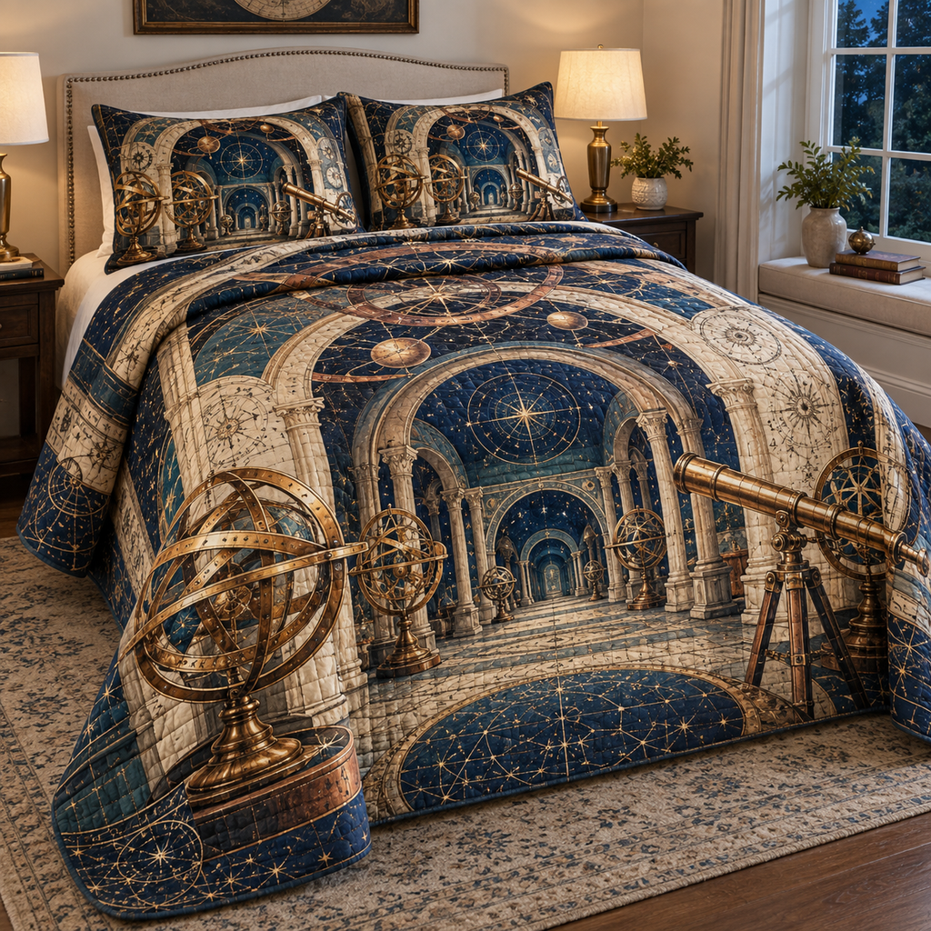 Astronomical Instruments Host Gift Bedding Set with flat printed optical 3D armillary spheres astrolabes and telescope optics through observatory arches in aged brass navy parchment and teal