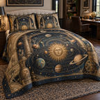 Vintage Solar System Home Office Bedding Set with flat printed optical 3D antique sun engraved planets and orbital rings through observatory arches in brass navy sepia and teal
