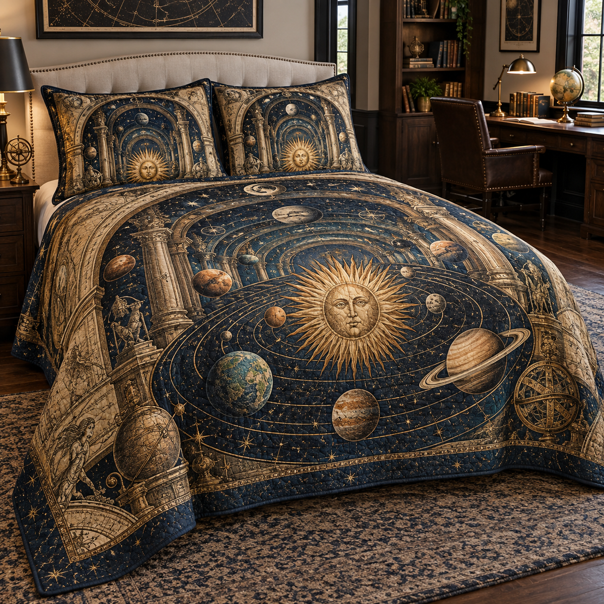 Vintage Solar System Home Office Bedding Set with flat printed optical 3D antique sun engraved planets and orbital rings through observatory arches in brass navy sepia and teal
