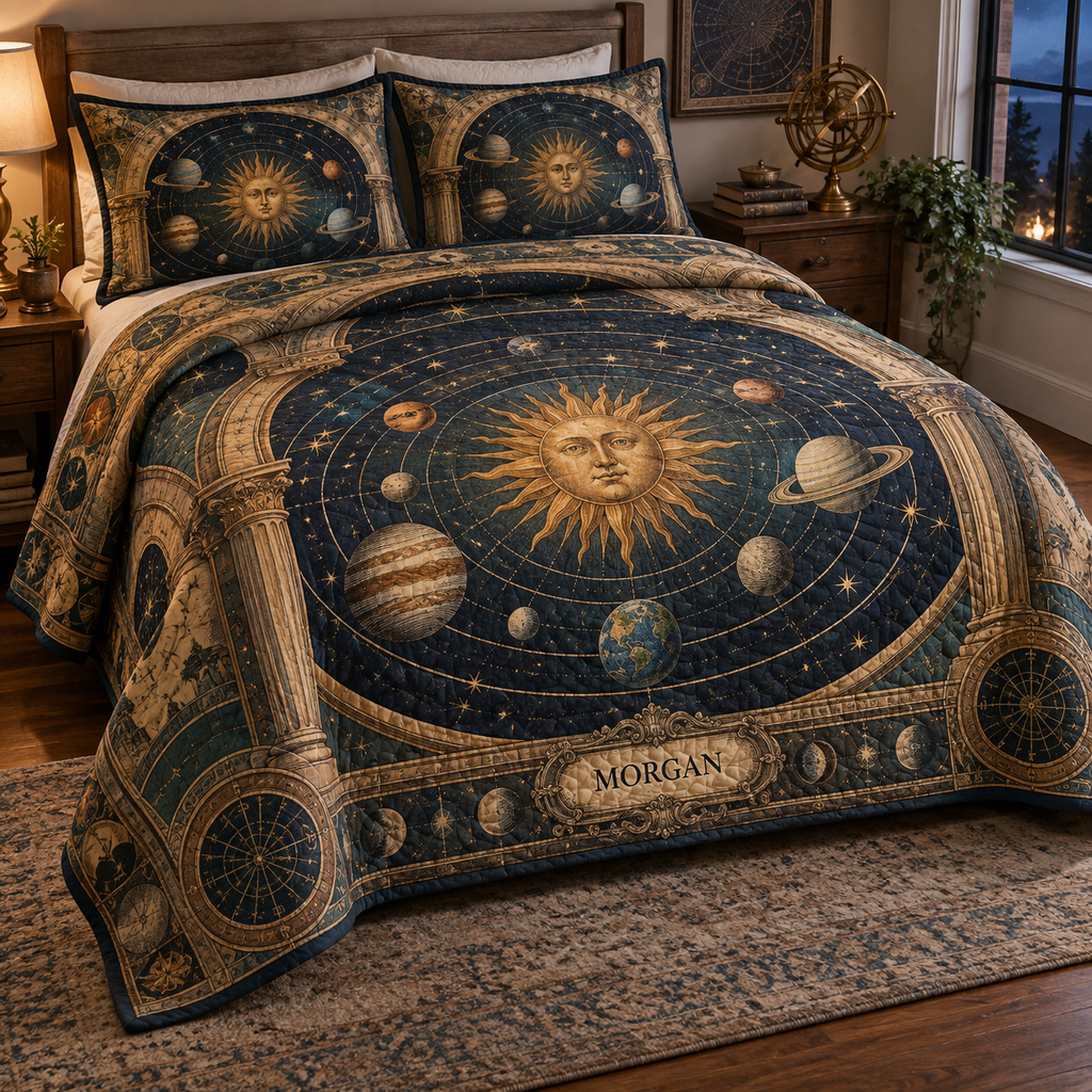 Vintage Solar System Housewarming Bedding Set with sample family name printed in optical 3D antique sun engraved planets and orbital rings through observatory arches