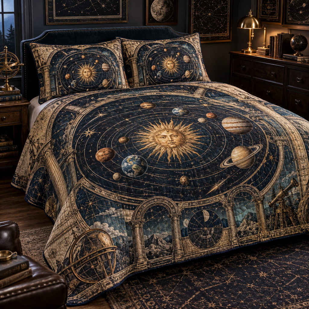Vintage Solar System Collector Bedding Set with flat printed optical 3D antique sun engraved planets and orbital rings through observatory arches in brass navy sepia and teal