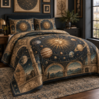 Vintage Solar System Apartment Gallery Bedding Set with flat printed optical 3D antique sun engraved planets and orbital rings through observatory arches in brass navy sepia and teal