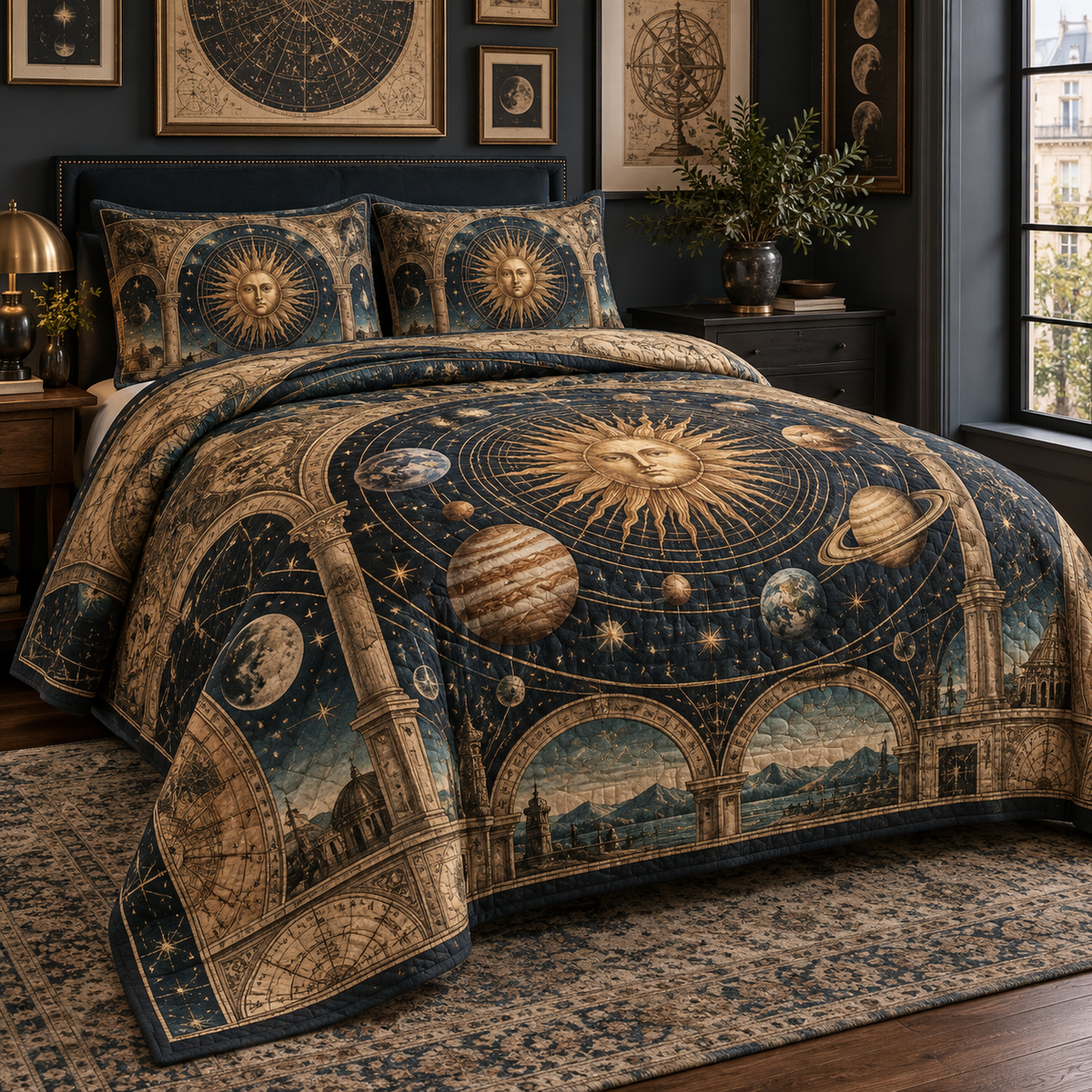 Vintage Solar System Apartment Gallery Bedding Set with flat printed optical 3D antique sun engraved planets and orbital rings through observatory arches in brass navy sepia and teal