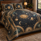 Vintage Solar System Host Gift Bedding Set with flat printed optical 3D antique sun engraved planets and orbital rings through observatory arches in brass navy sepia and teal