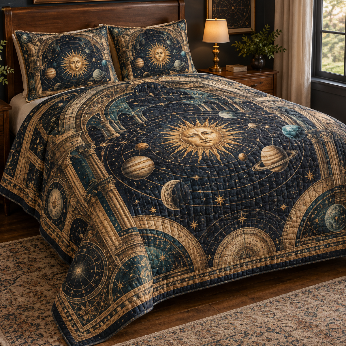 Vintage Solar System Host Gift Bedding Set with flat printed optical 3D antique sun engraved planets and orbital rings through observatory arches in brass navy sepia and teal