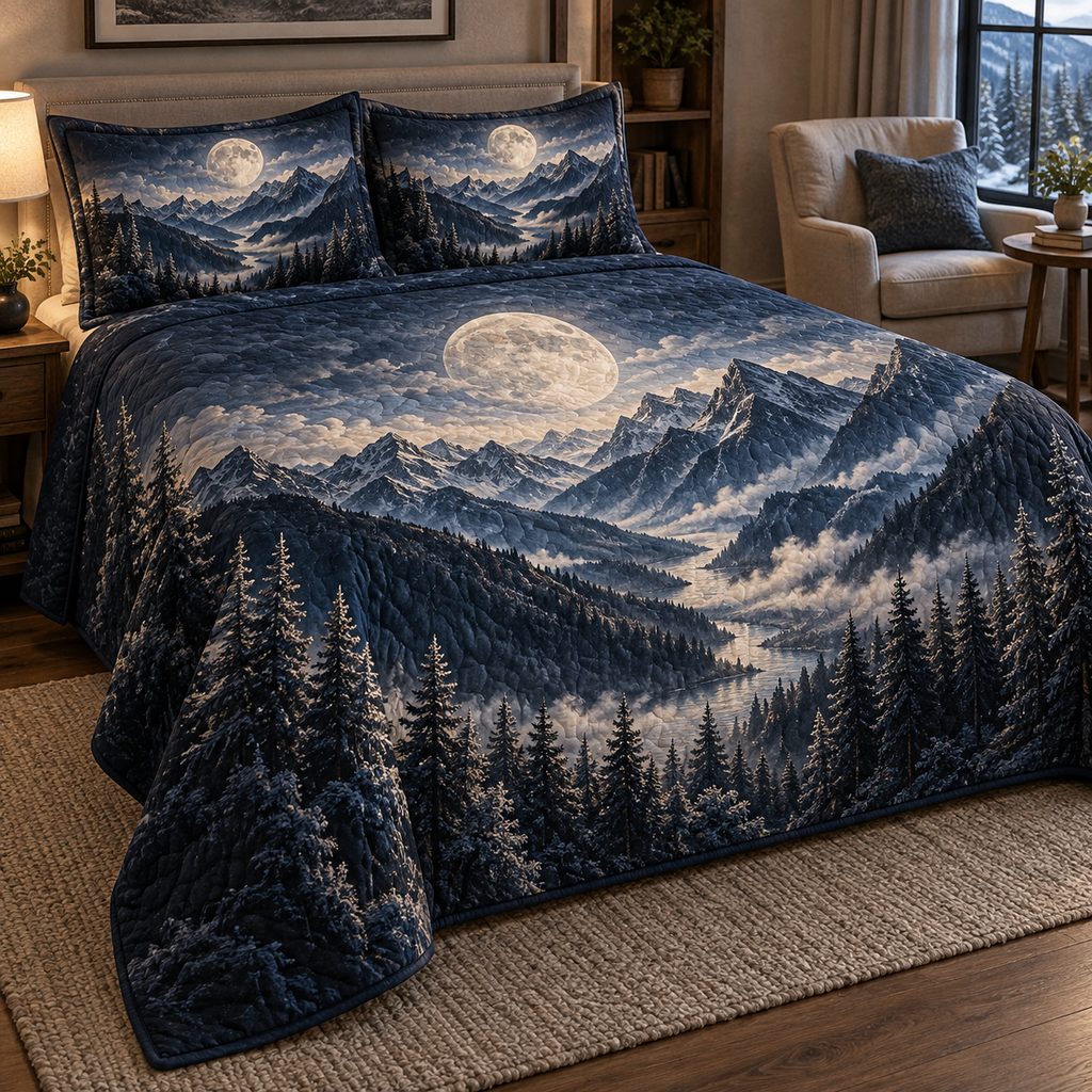 Moon Mountain Landscape Reading Nook Bedding Set with flat printed optical 3D moonlit mountain ridges, alpine valley and silver pines in indigo, pewter and ivory