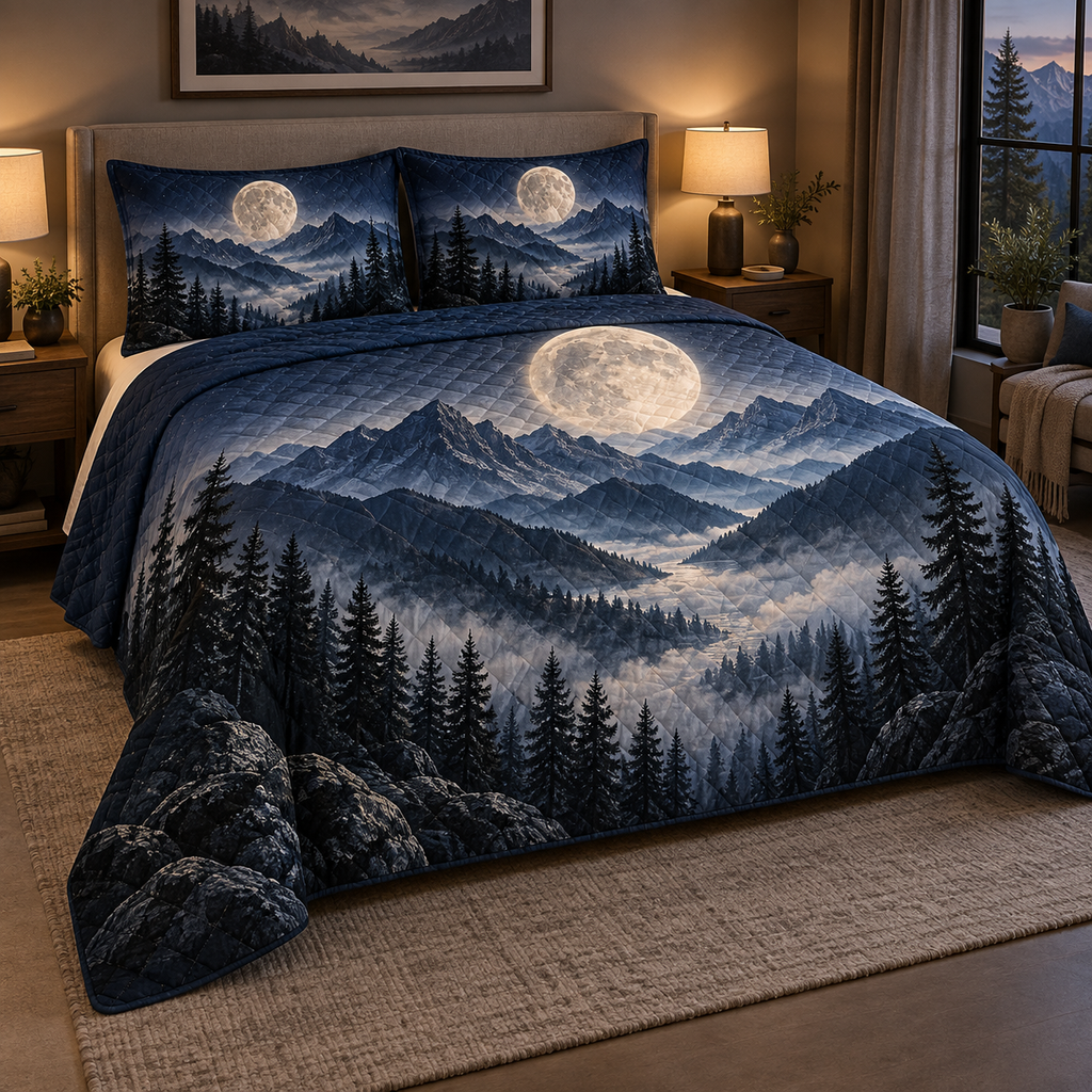 Moon Mountain Landscape Bedroom Decor Bedding Set with flat printed optical 3D moonlit mountain ridges, alpine valley and silver pines in indigo, pewter and ivory