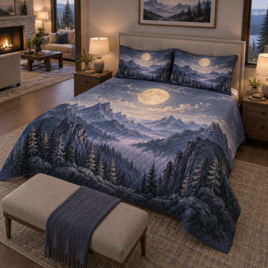 Moon Mountain Landscape Living Room Bedding Set with flat printed optical 3D moonlit mountain ridges, alpine valley and silver pines in indigo, pewter and ivory
