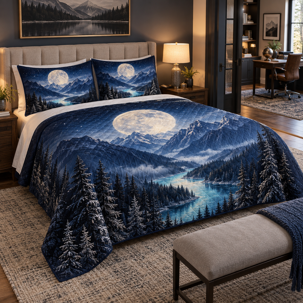 Moon Mountain Landscape Home Office Bedding Set with flat printed optical 3D moonlit mountain ridges, alpine valley and silver pines in indigo, pewter and ivory