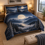 Moon Mountain Housewarming Bedding Set with flat printed optical 3D moonlit alpine ridges, valley and silver pines in a housewarming setting; personalization preview has no name shown